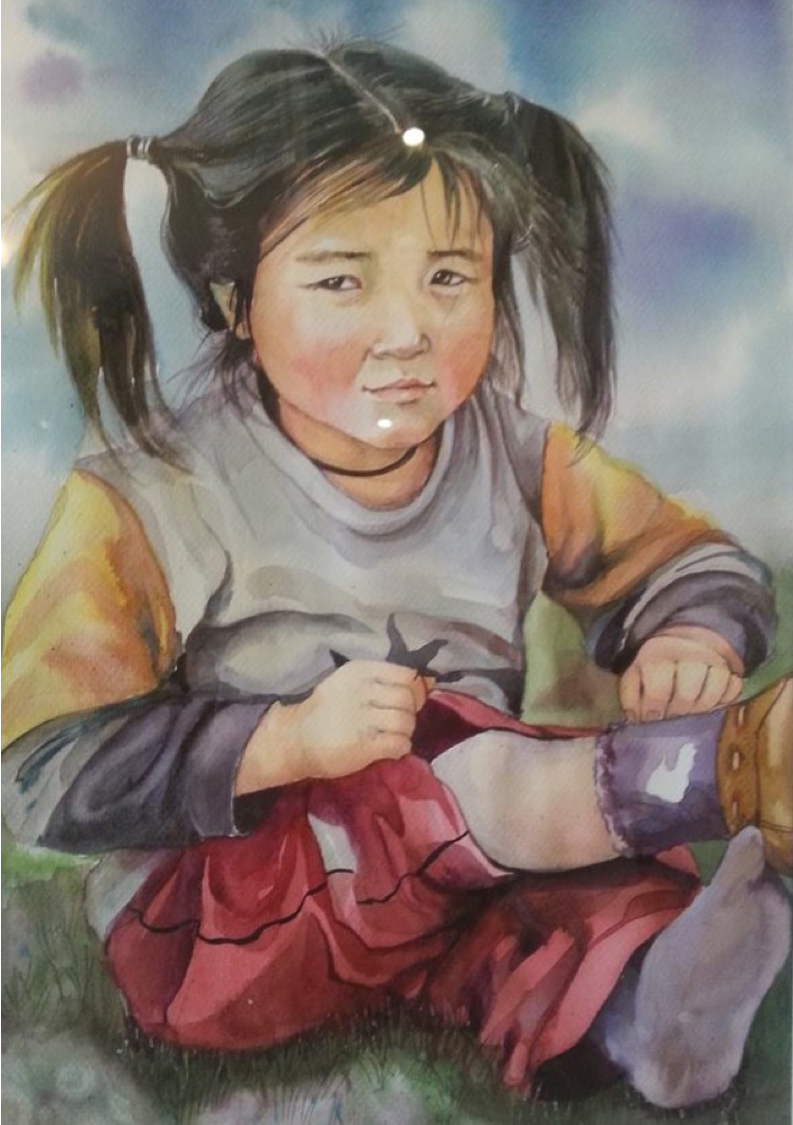 Морь унаж яваад осолдож, уйлж буй монгол хүүхдийг усан будгаар зуржээ. 